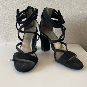 Worthington, Women’s Alexi Black Zip Open Toe Strappy Block Heels, Size 7.5